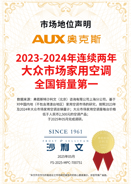 Proof of the number one national sales of household air conditioners in the mass market